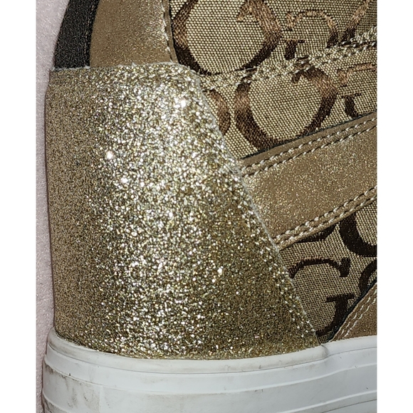 Guess Women's WGTONIGHT3 High Top Sneakers Beige Brown and Gold Glitter - Picture 2 of 9